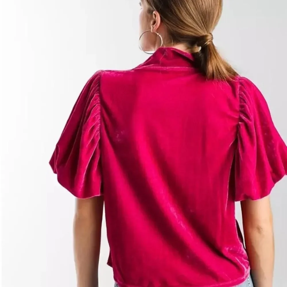 Free People Pink Fuchsia Puff Sleeve Blouse with Mandarin Collar
